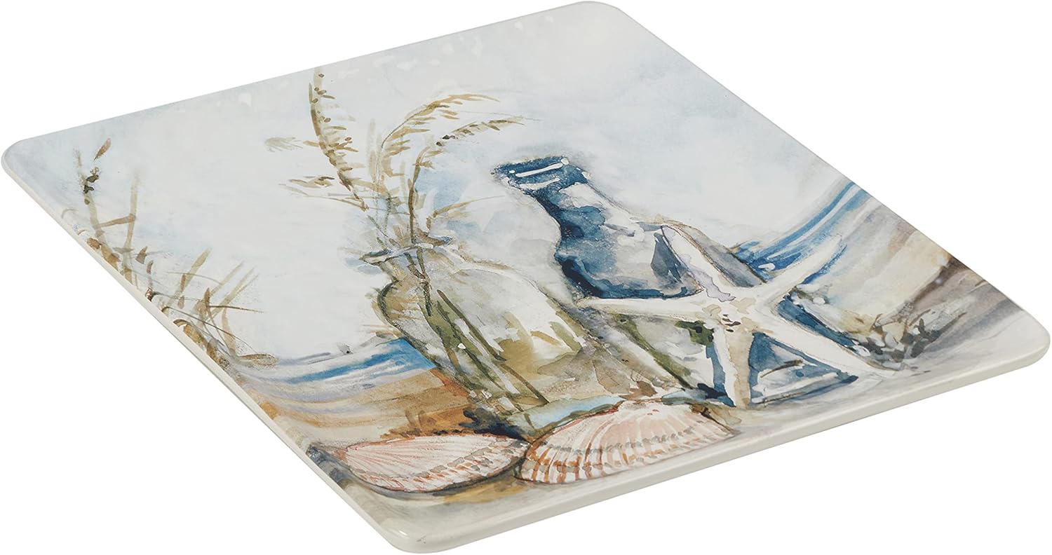 Coastal Landscape Ceramic Square Platter – 12.5" Beach-Inspired Serving Tray with Starfish, Bottles & Shells – Coastal Décor for Appetizers, Desserts, Charcuterie, or Entertaining