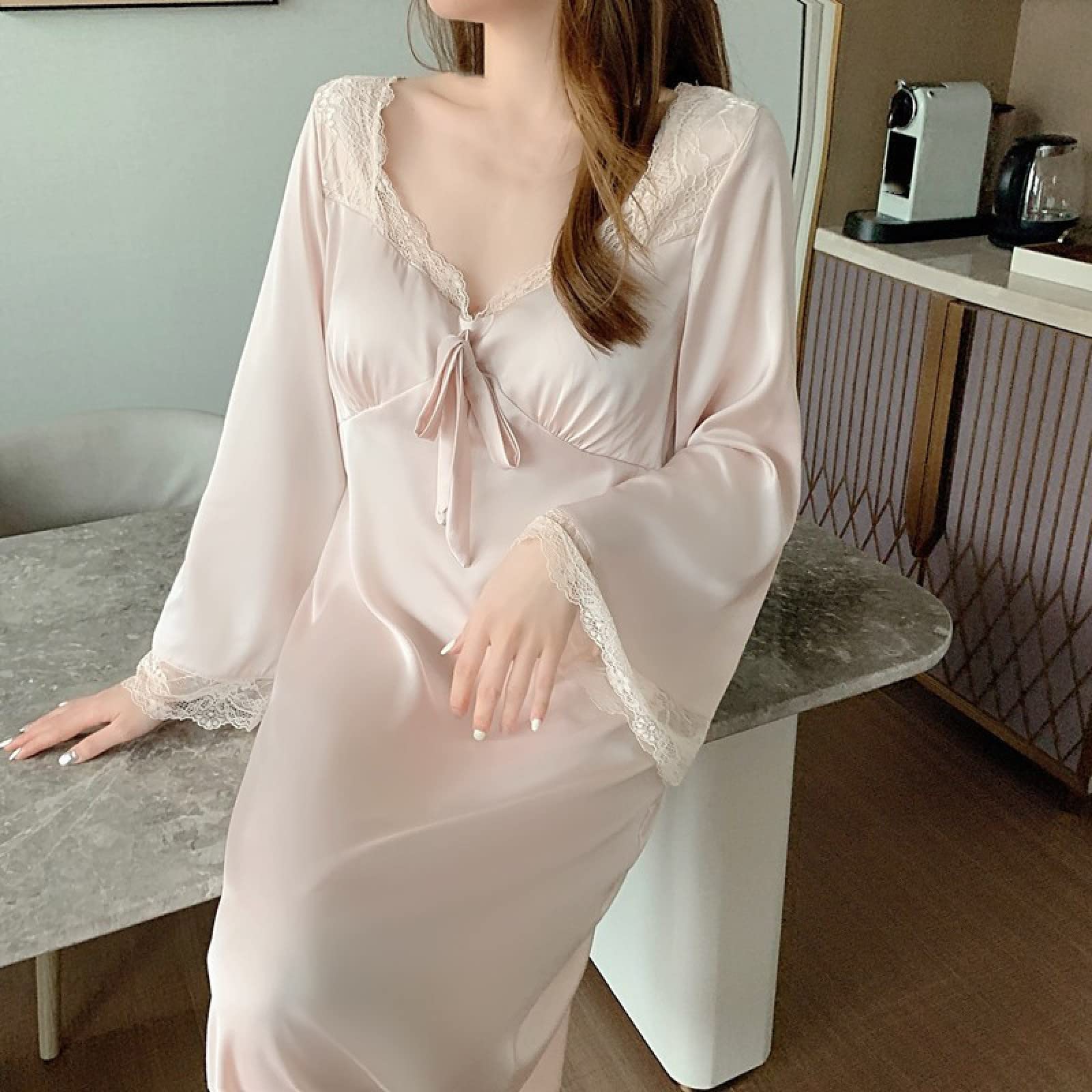 OFFSUM Camicia da Notte Donna - Elegante Camicia da Notte in Raso Sexy Scollo A V Sleepwear Sweet Lace Bowknot Camicia da Notte Tinta Unita Primavera Autunno Loungewear Abbigliamento