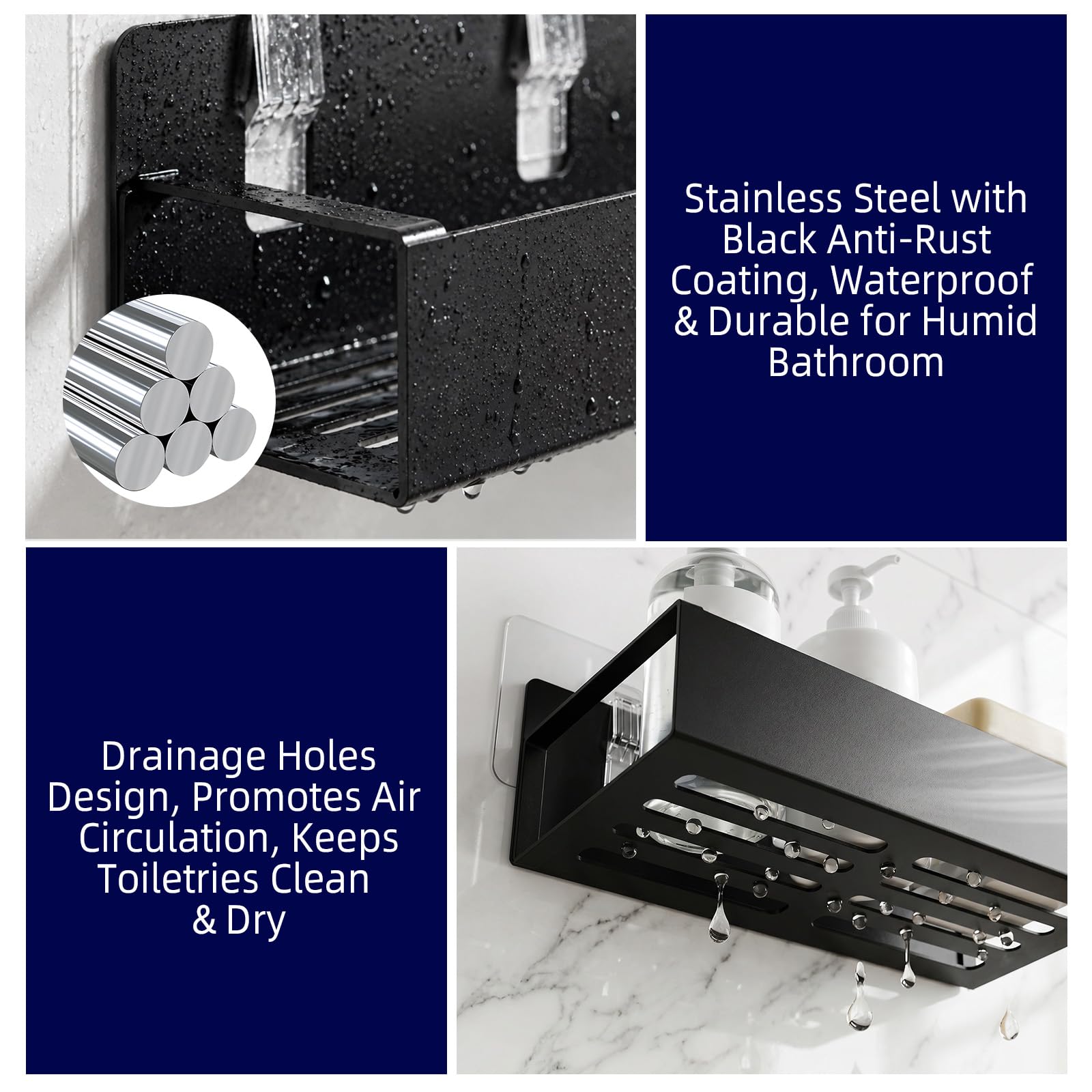 2 Ripiani Doccia senza Foratura, Mensola da Bagno in Acciaio Inox, Mensola da Parete con 4 Ganci Rimovibili, Mensola Doccia senza Foratura, Organizer da Bagno per Piastrelle, Vetro, Nero