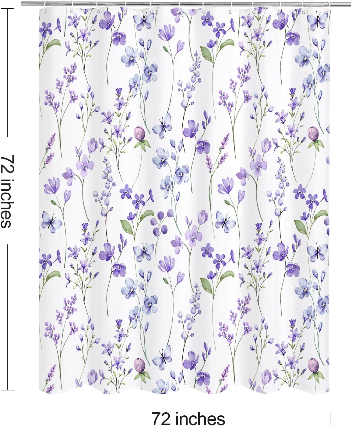 Litabel Watercolor Floral Shower Curtain, Lavender Butterfly Flower Shower Curtain for Bathroom, Modern Minimalist White Waterproof Fabric Shower Curtain Set, 72x72 Inch