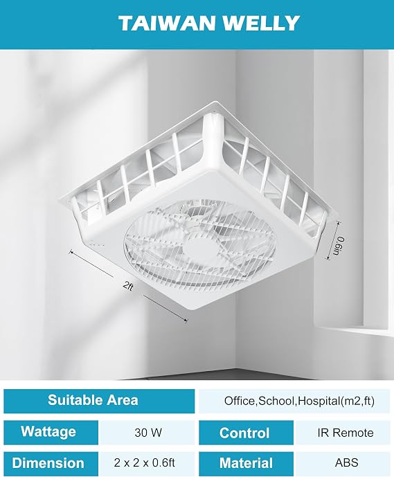 WELLY WL-12 2 x 2 Ceiling Air Circulator, 15-Speed DC Fan, White | Quiet 22.6 dB operation with 15 speeds for bedrooms, offices, clinics, classrooms, patios, and other shared spaces