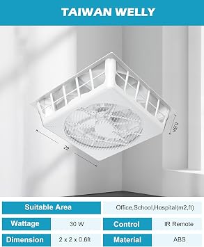 WELLY WL-12 2 x 2 Ceiling Air Circulator, 15-Speed DC Fan, White | Quiet 22.6 dB operation with 15 speeds for bedrooms, offices, clinics, classrooms, patios, and other shared spaces
