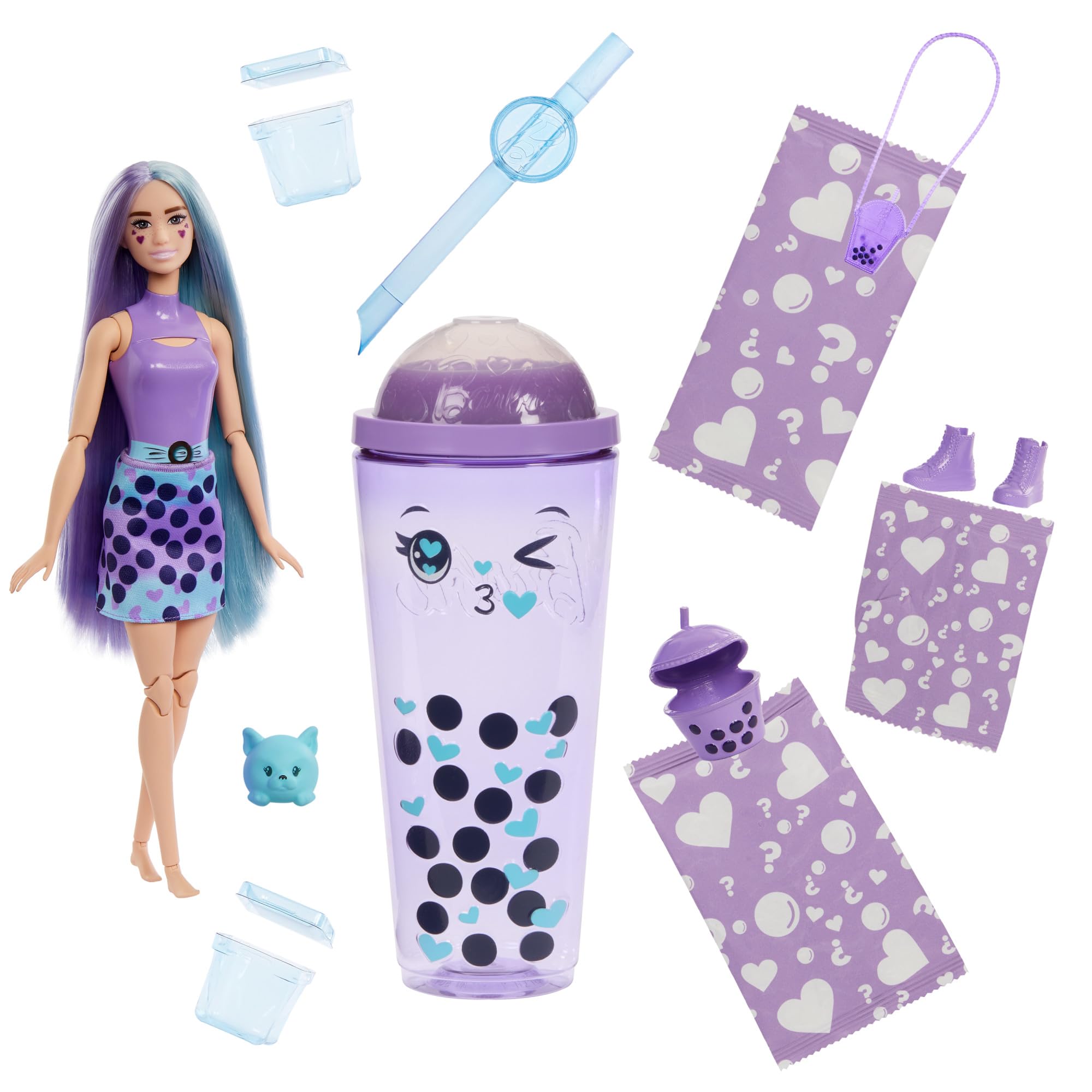 Barbie Pop Reveal Muñeca con pelo azul y morado con vaso Té de burbujas leche de malanga, con cubitos de hielo que revelan ropa, mascotas y accesorios sorpresa, juguete +3 años (HTJ19)
