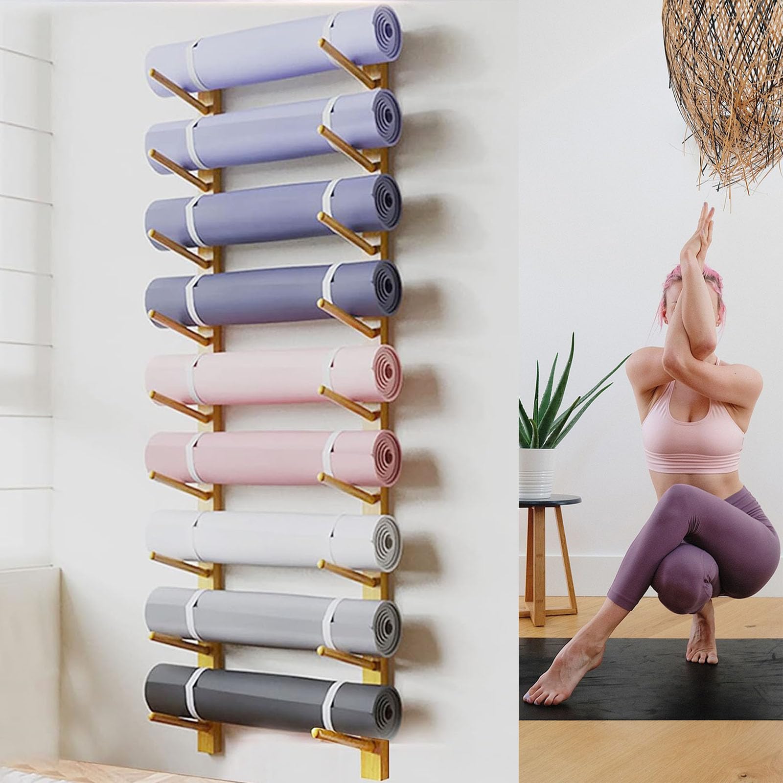 Soporte de pared para esterillas de yoga en madera, estante de 9 niveles