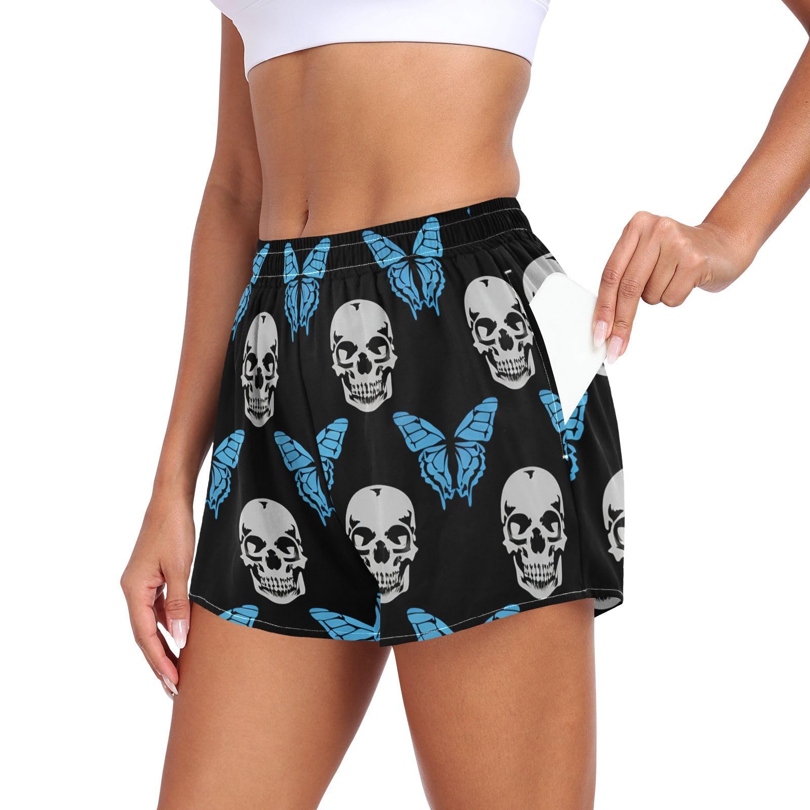 Blue Butterfly Skulls Women's Running Shorts with Pockets Sporty Workout Quick Dry Athletic Shorts L 202c1156