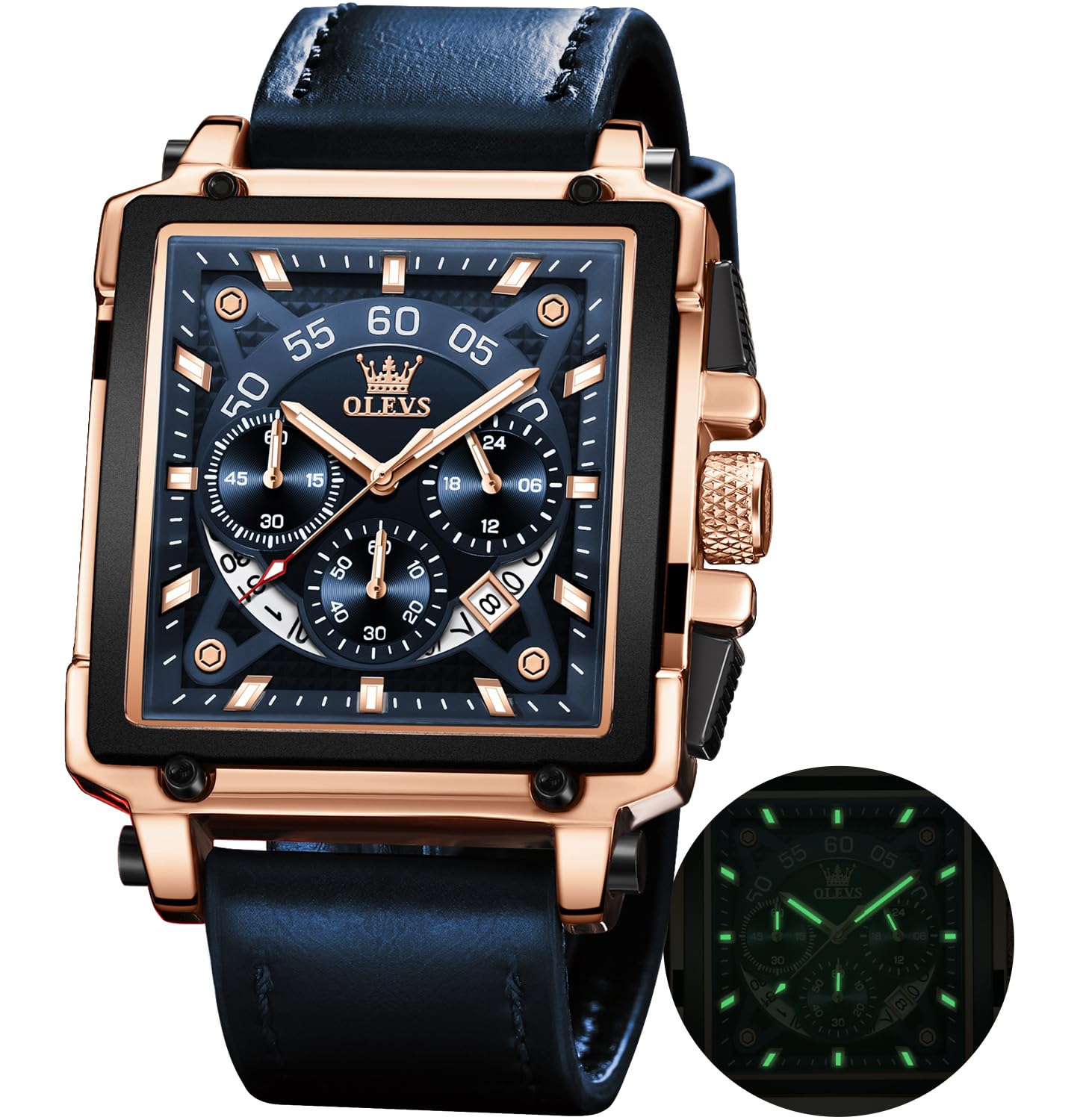 OLEVS Watches for Men Quartz Chronograph Leather Fashion Dress Watch Date Waterproof Luminous Casual Square Business Wrist Watches