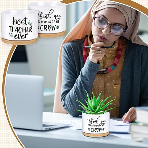 Miniatura 4 de Macetas de cerámica para suculentas, regalo de agradecimiento para profesores, con bandeja de bambú, accesorios para suculentas (2 unidades, estilo