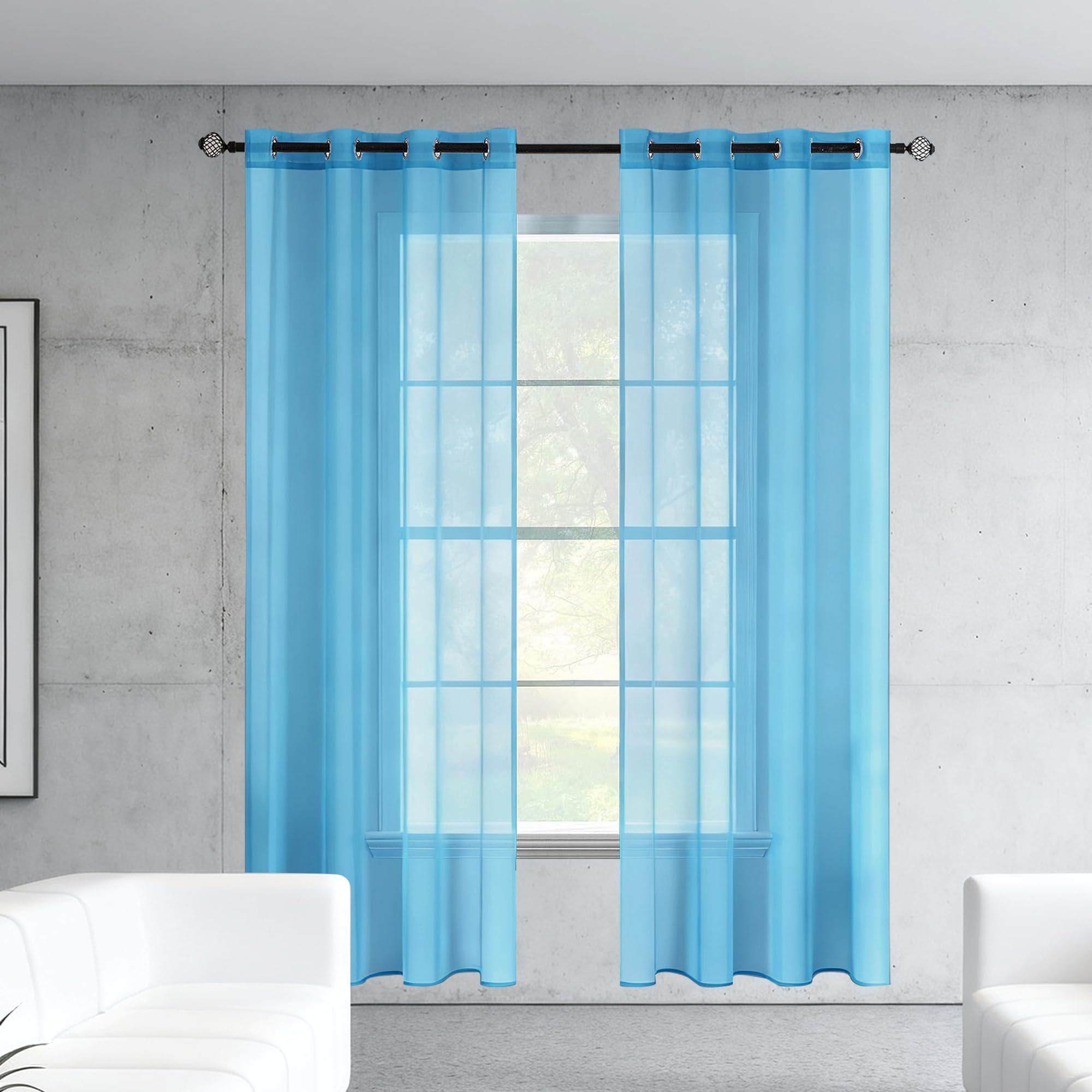 Rideaux voilages oeillets anti vis-à-vis bleu ciel 140x195 cm translucide