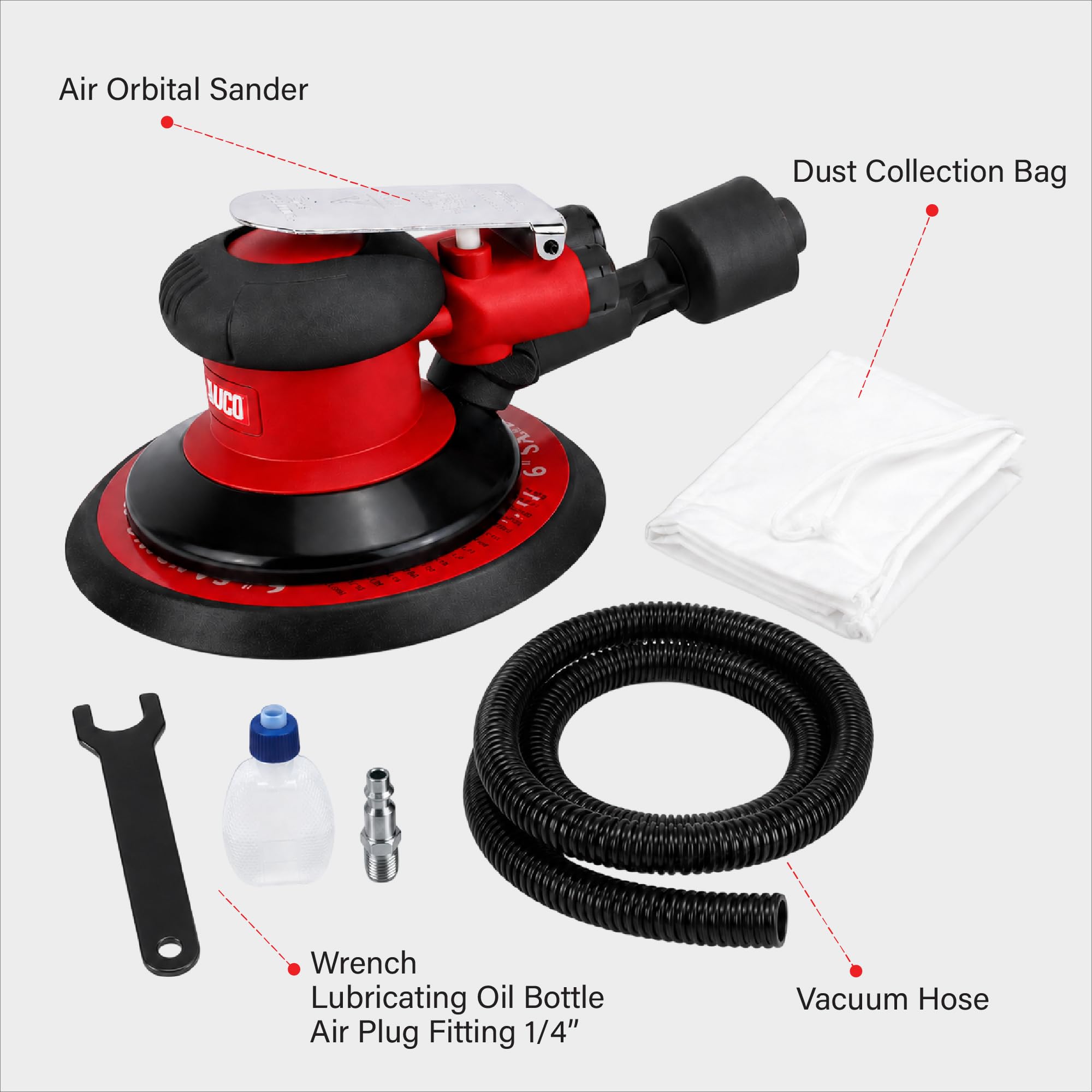Levigatrice orbitale ad aria autoaspirante da 6 pollici, levigatrice orbitale pneumatica casuale, 12.000 giri/min, vibrazioni basse, cuscinetto Hook & Loop da 6 pollici per carrozzeria, lavorazione