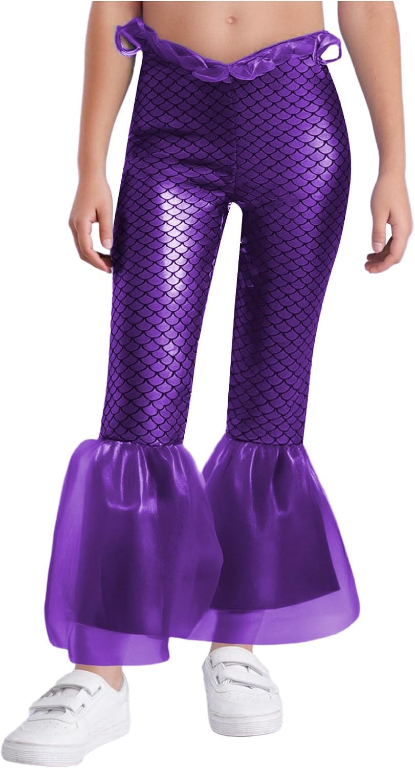Kids Girls Mermaid Leggings Shiny Fish Scale Printed Ruffle Flared Pants Bell Bottoms Stage Performance