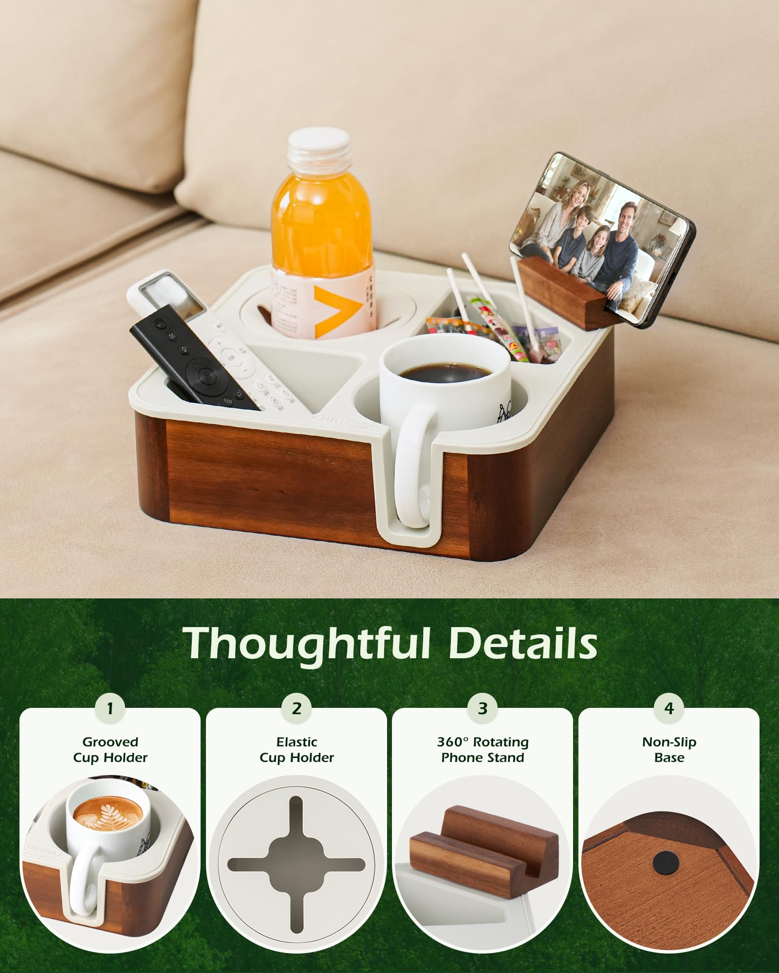 Couch-Becherhalter, Tablett aus Akazienholz, Couch-Caddy mit Getränkehalter, Schlitz, rutschfester Couch-Organizer für Getränke, Snacks, Fernbedienungen, abgerundete Ecken und Becher (grau)
