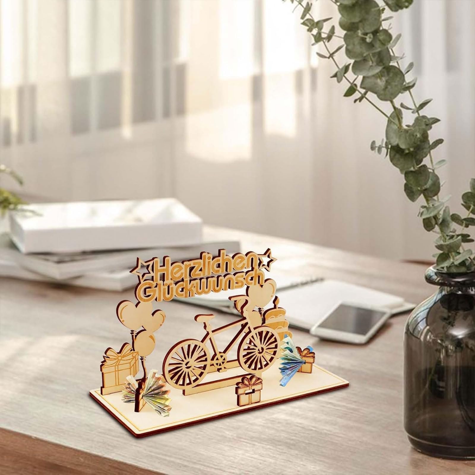 Tirelire Vélo En Bois - Cadeau Original Pour Cycliste, Détachable, Personnalisable, 18,4x12,5 Cm