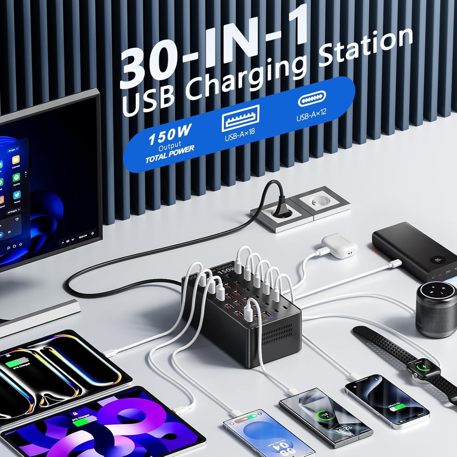 240W USB Opladestation - 6 Poorten (4 USB-C 2 USB-A) met Snelladen, Compacte Oplaadhub voor Meerdere Apparaten, Compatibel met MacBook, iPad, iPhone 16/15/14, Galaxy S22/S20, DELL, HP
