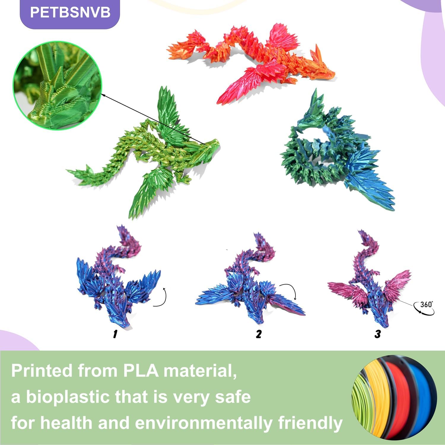 2PCS 7" 3D Printed Dragon with Wings, Articulated Dragon, Crystal Dragon, Dragon Fidget Toy, Home Office Decor Executive Desk Toy (Purple+ Green)