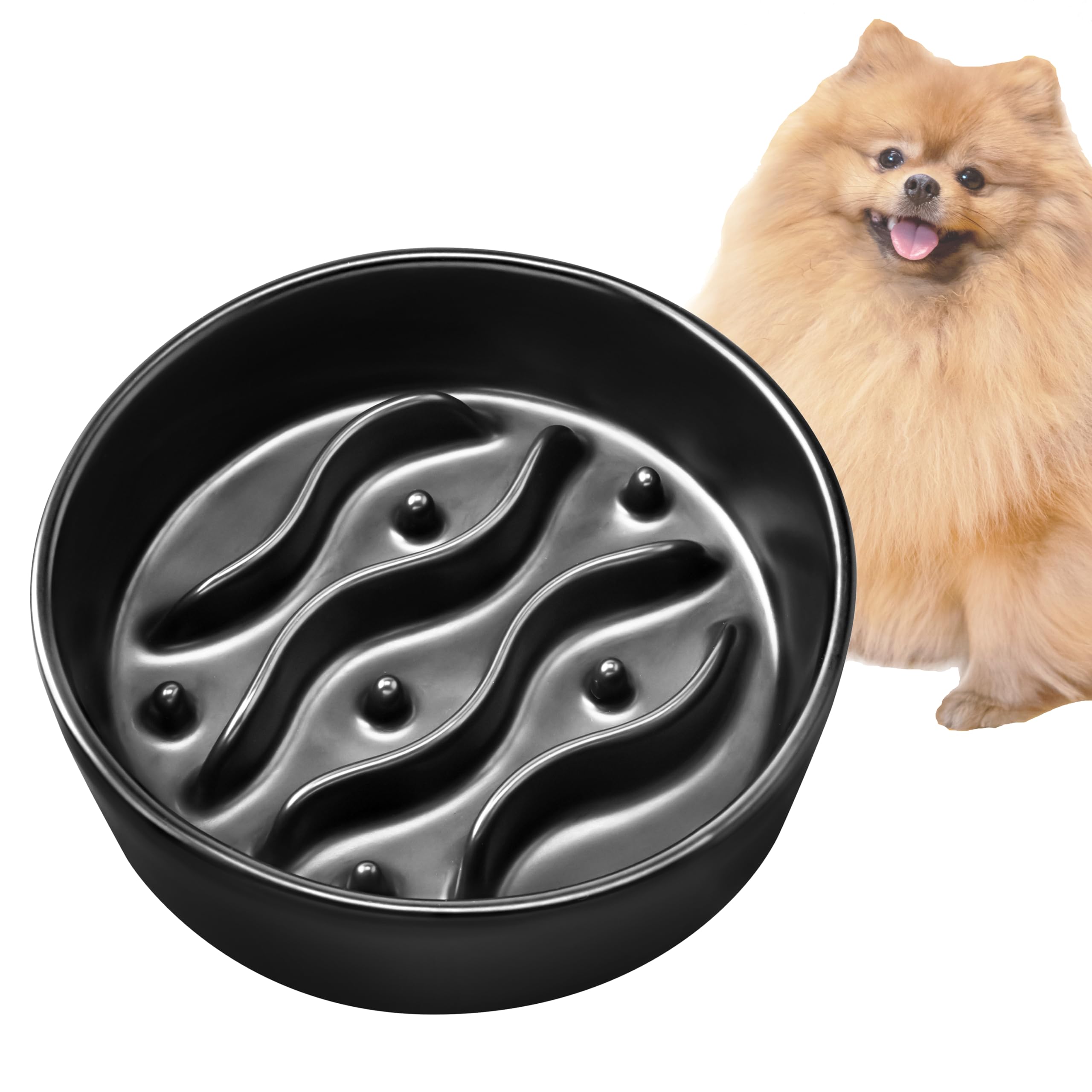 Ceramic Slow Feeder Dog Bowl for Small Breed, 6-Inch Dog Slow Feeder Bowl for Fast Eaters, 14oz, Dark Gray