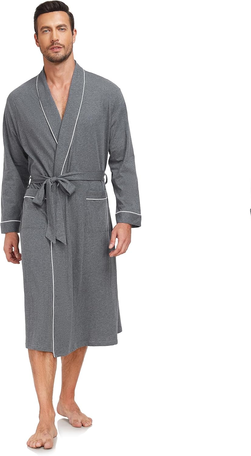 COLORFULLEAF Mens 100% Cotton Robes Lightweight Long Bathrobe Sleepwear Soft Knit Spa Robe with Pockets