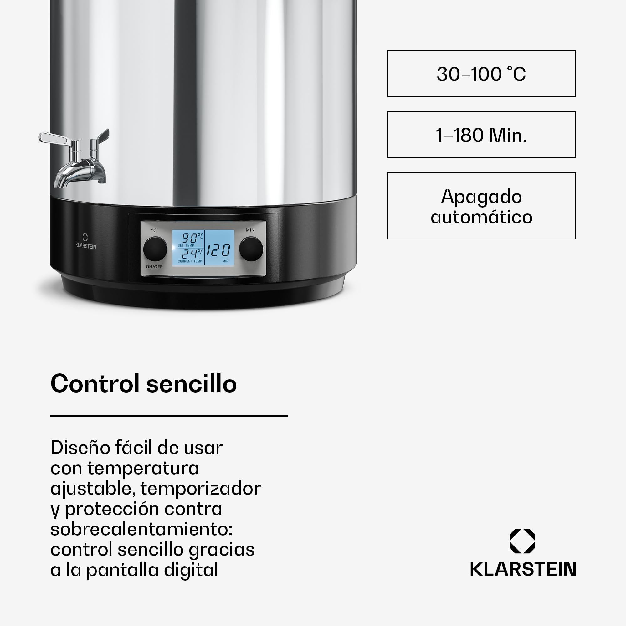 Klarstein Biggie Esterilizador Digital 25 L de Acero Inoxidable con Grifo de Acero Inoxidable, 2000 W, 30–100 °C, Pantalla LCD, Temporizador, Conservas y Vino Caliente
