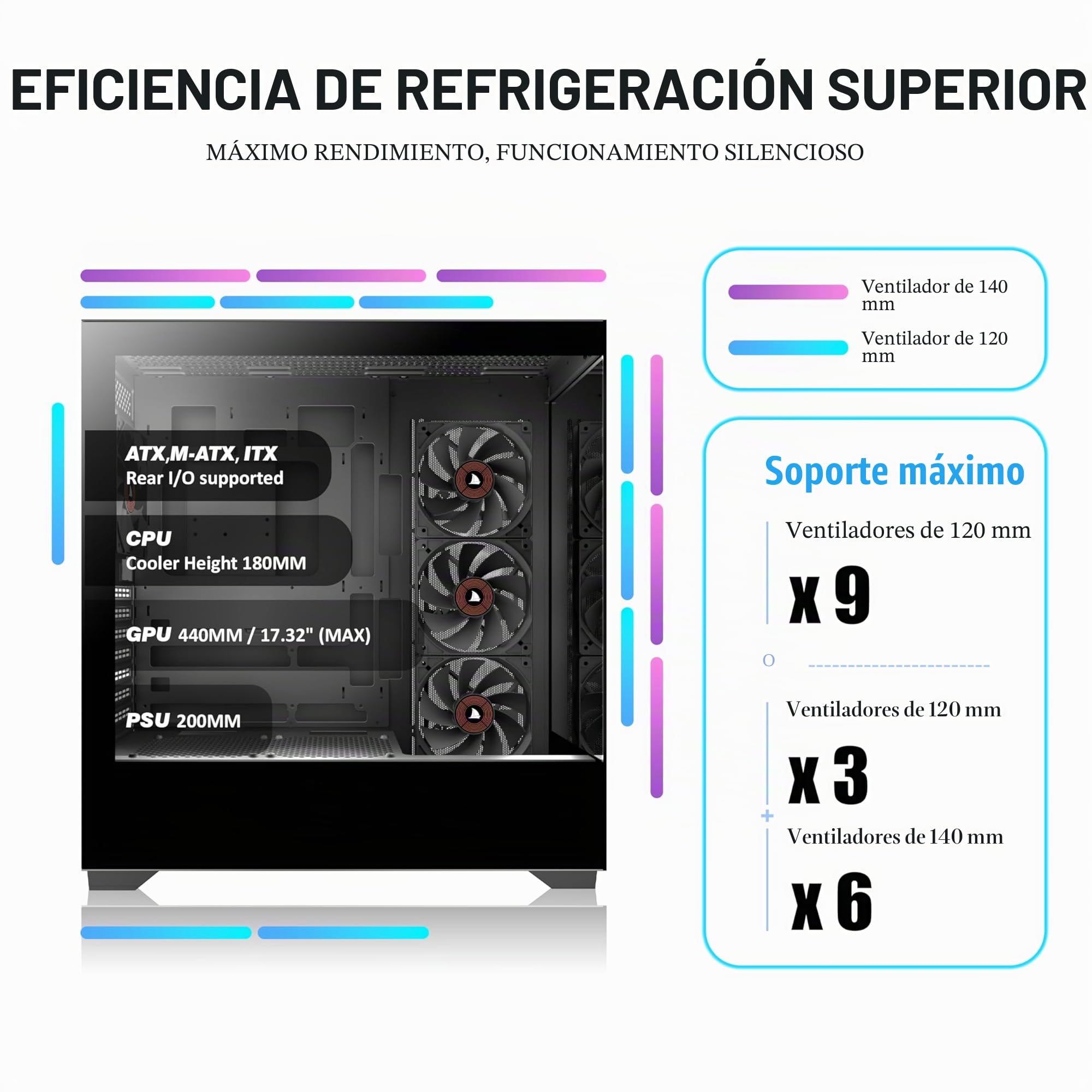 KEDIERS carcasa de ordenador preinstalada 4 × 120 mm, ventilador negro, ATX Mid Tower PC, vista panorámica, panel frontal de cristal templado, negro