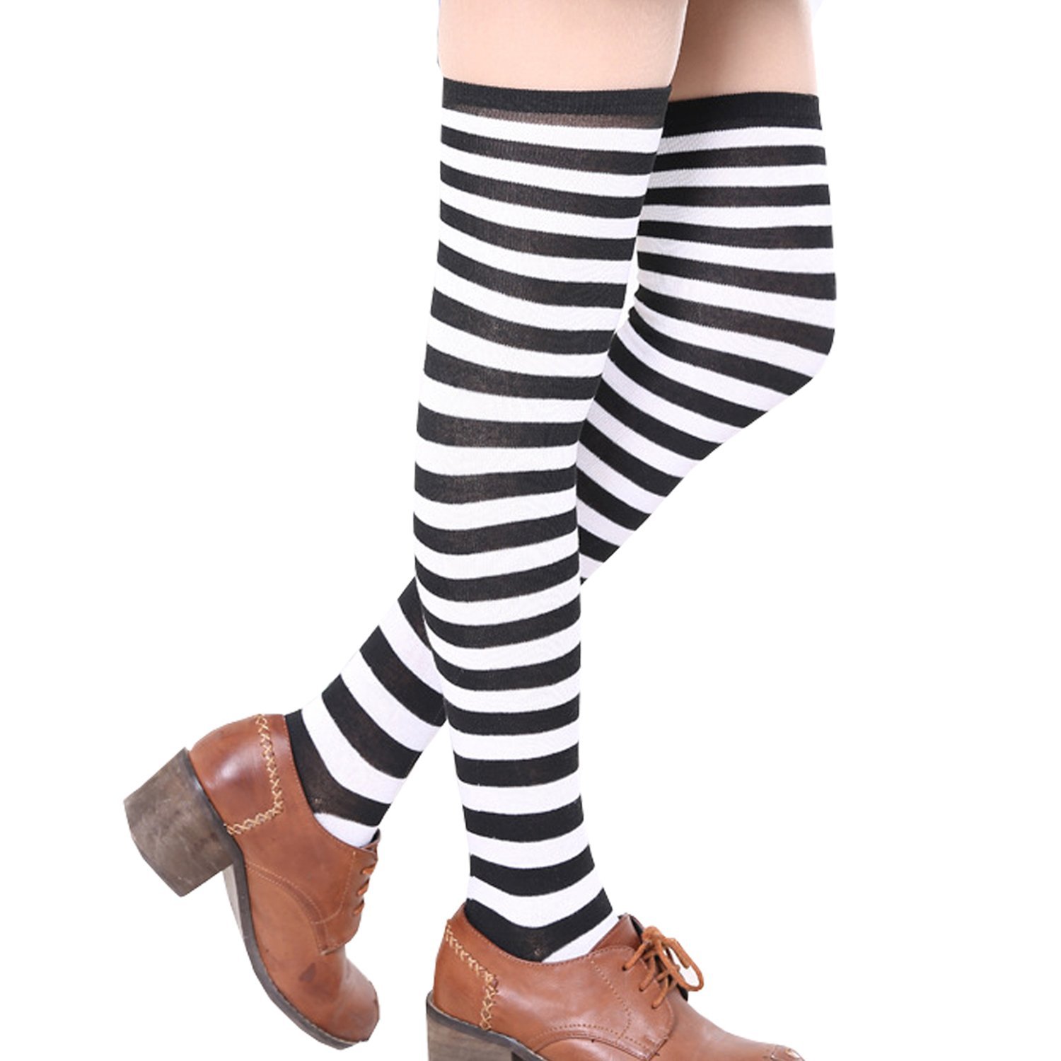 ONEFITStriped Thigh High Socks Over Knee Girls Halloween Cosplay (Black/white)