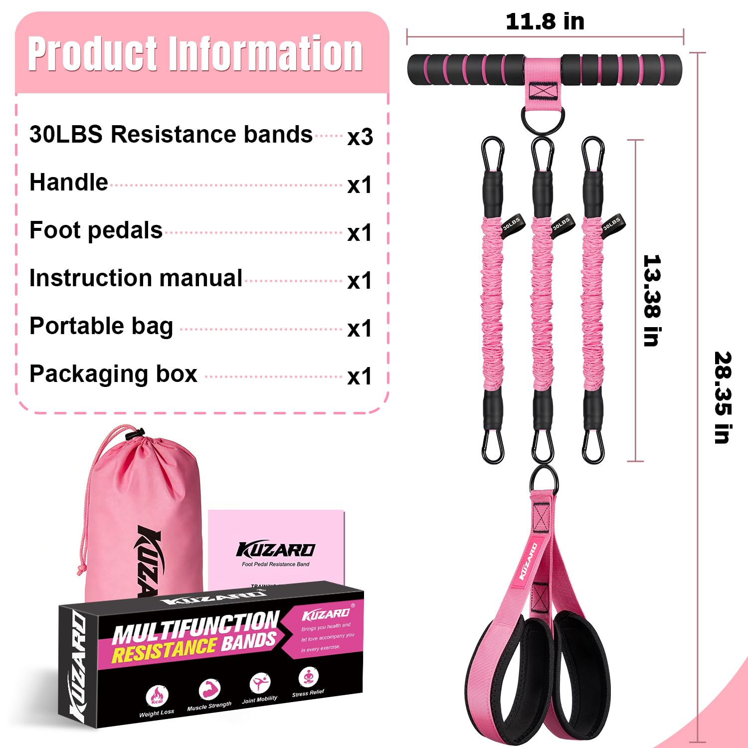 KUZARO Fascia di resistenza multifunzione con manico, 3 tubi regolabili per addome, vita, braccia, core/ABS, allenamento delle gambe, attrezzatura per esercizi per sedute da donna