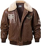 FLAVOR Chaqueta bomber de piel auténtica para hombre con cuello de piel extraíble L Marrón