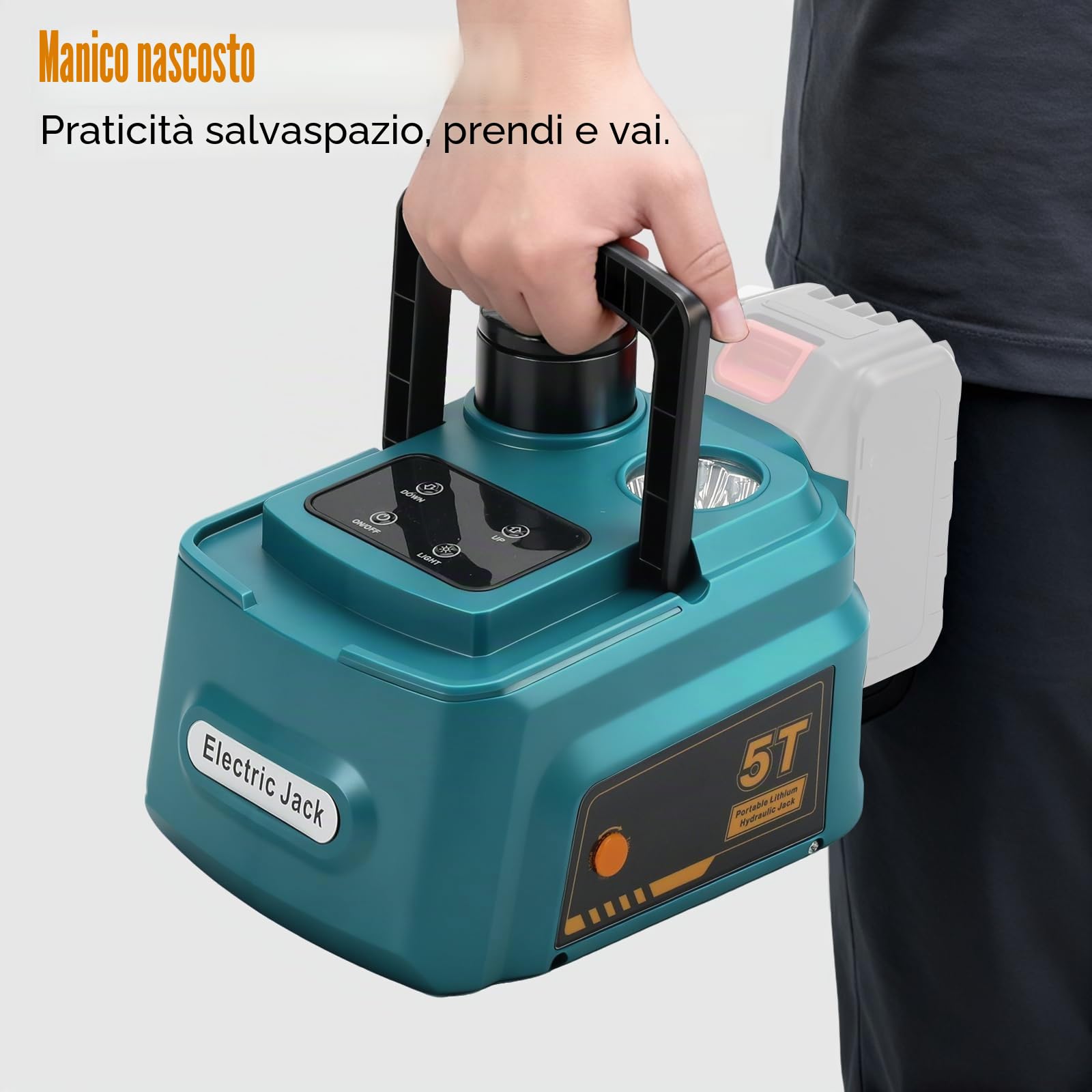 Cric idraulico 5T compatibile con Makita 18 V, elettrico cric idraulica con telecomando e illuminazione a LED, 150-450 mm, sollevatore per auto, SUV, berlina, MPV, cambio pneumatici (senza batteria)