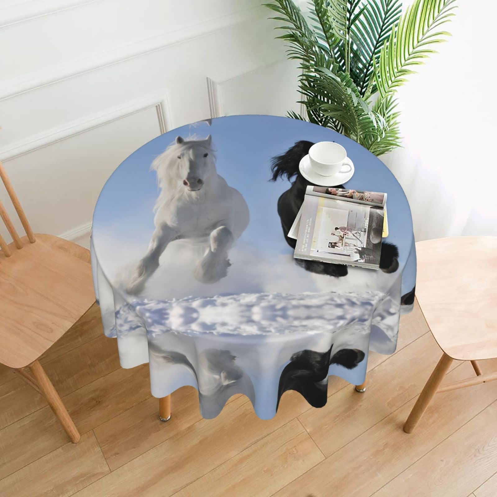 YYHWHJDE Black And White Horses Running Prints 60in Round Decorative Tablecloth – High-Grade Polyester Throw for Stylish Dining & Event Table Protection