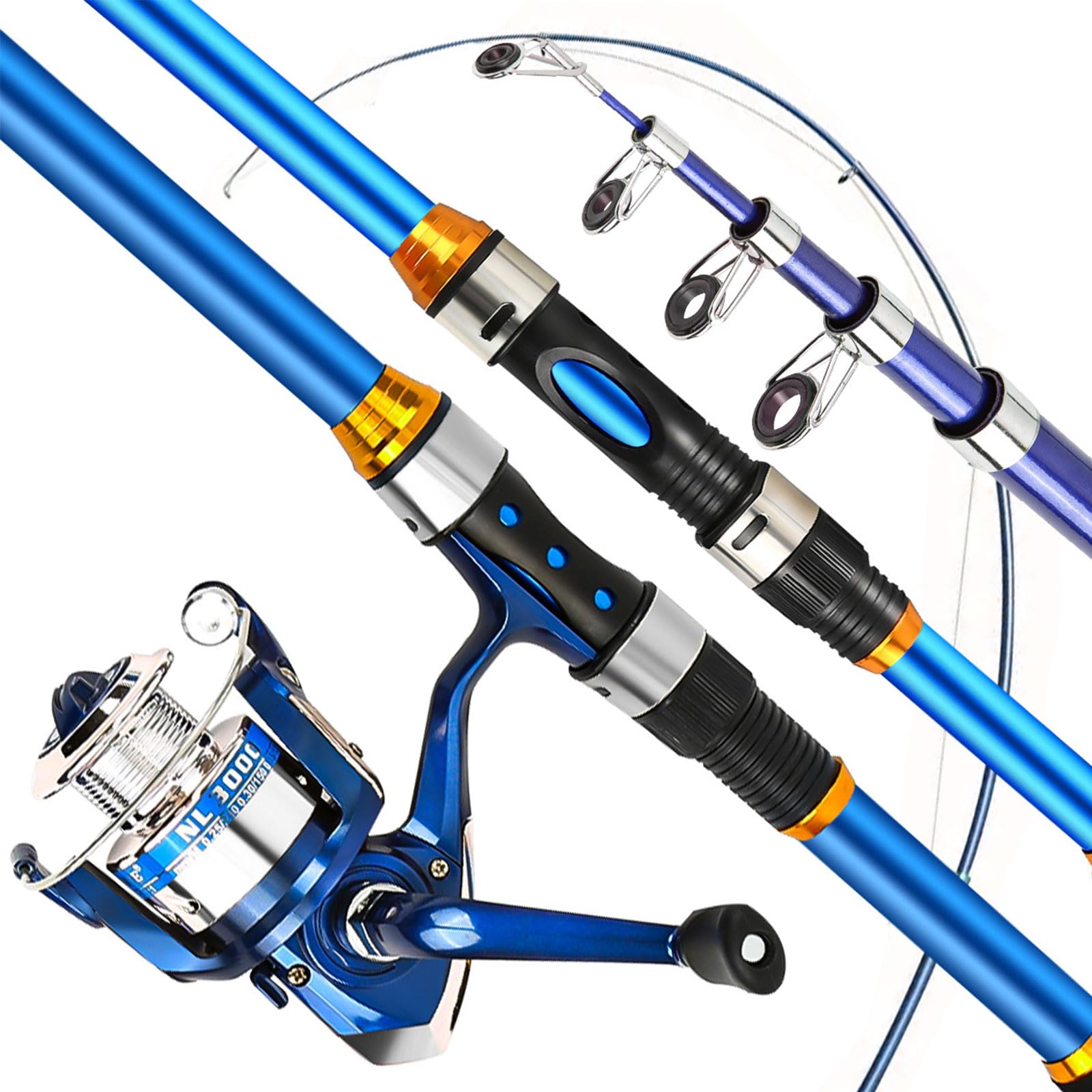 Canna da pesca telescopica e mulinello da spinning, kit completo di attrezzatura con esche, ganci, lenza, borsa per il trasporto per pesca d'acqua dolce e salata