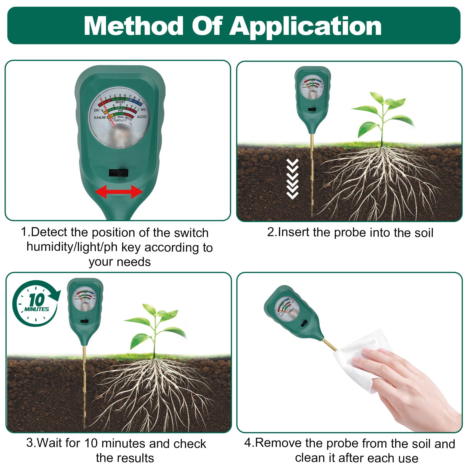 3 en 1 Medidor Humedad Plantas para Medidor de Humedad/Luz/PH del Suelo, Medidor PH Tierra, Plug and Play, Higrometro para Plantas Grandes de Interior y Exterior, Flores, Jardinería, Agricultura