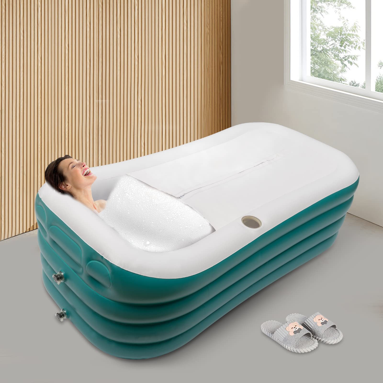 Aufblasbare Badewanne Erwachsene - 250L Faltbare Mobile Badewanne mit Elektropumpe, 360° Lsolierung und Schnellentwässerung, Foldable Bathtub für Spa, Balkon, Garten, 152×82×57 cm