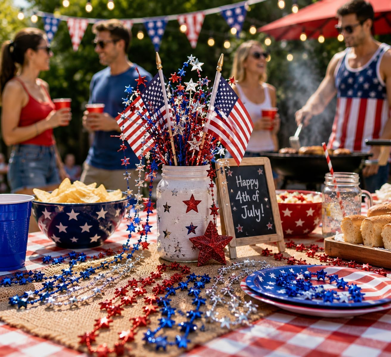 4E's Novelty 72 Patriotic Beads Necklaces for Adults (72 Pack) Bulk Star Shaped. 4th of July Party Favors for Men Women, Red White Blue Beads for Fourth of July Parade Outfit Accessories