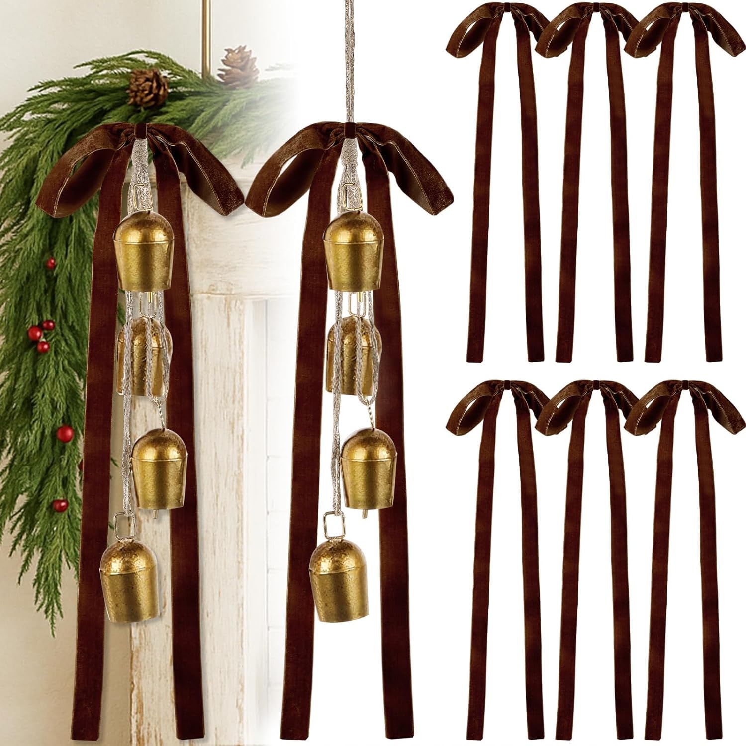 Suncalla 2 Pcs Christmas Cow Bells with 8 Pcs Brown Velvet Bows Vintage Rustic Gold Bell with Velvet Ribbon Bows for Xmas Tree Wall Home Mantel Banister Decor Wreath Garland Garden Indoor Outdoor