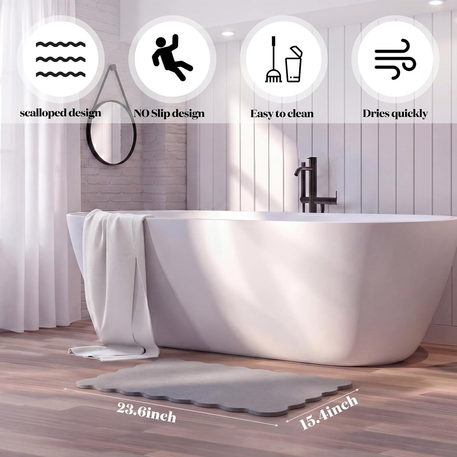 Nuanchu Scalloped Diatomaceous Earth Bath Mat, Textured Stone Shower with Anti-Slip Pad, Super Absorbent Quick-Dry Bathroom Floor Mat for Shower, Bathroom, Modern Home Decor