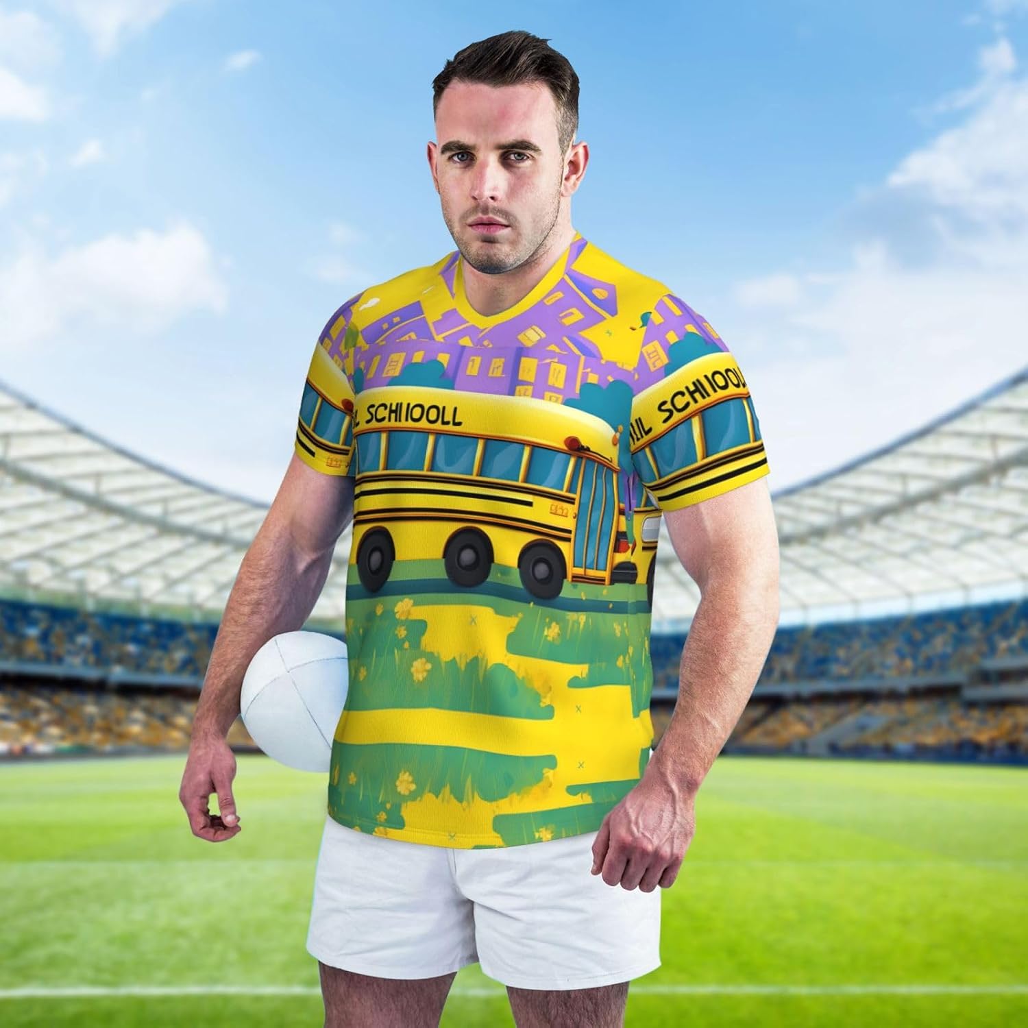 School Bus Rugby Football Jersey for Men, Comfortable V-Neck Loose Fit Top for Team Sports Athletics