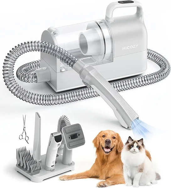 Hicozy S1+ Dog Grooming Vacuum, 12000Pa Minimum 50dB Quiet Dog Vacuum for Shedding Grooming with 2L Dust Cup, 6 Professional Pet Accessories with Clippers, Gray