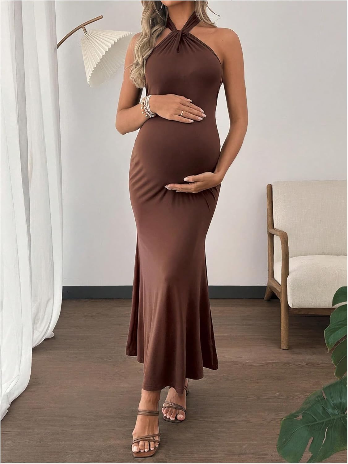 OYOANGLE Women's Maternity Halter Dress Bodycon Solid Sleeveless Pregnancy Maxi Dresses - Image 5