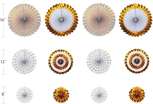 Miniatura 4 de ONUPGO Juego de abanicos de papel dorados para colgar, 12 unidades, decoración de fiesta mexicana, pancarta colgante para boda, cumpleaños,