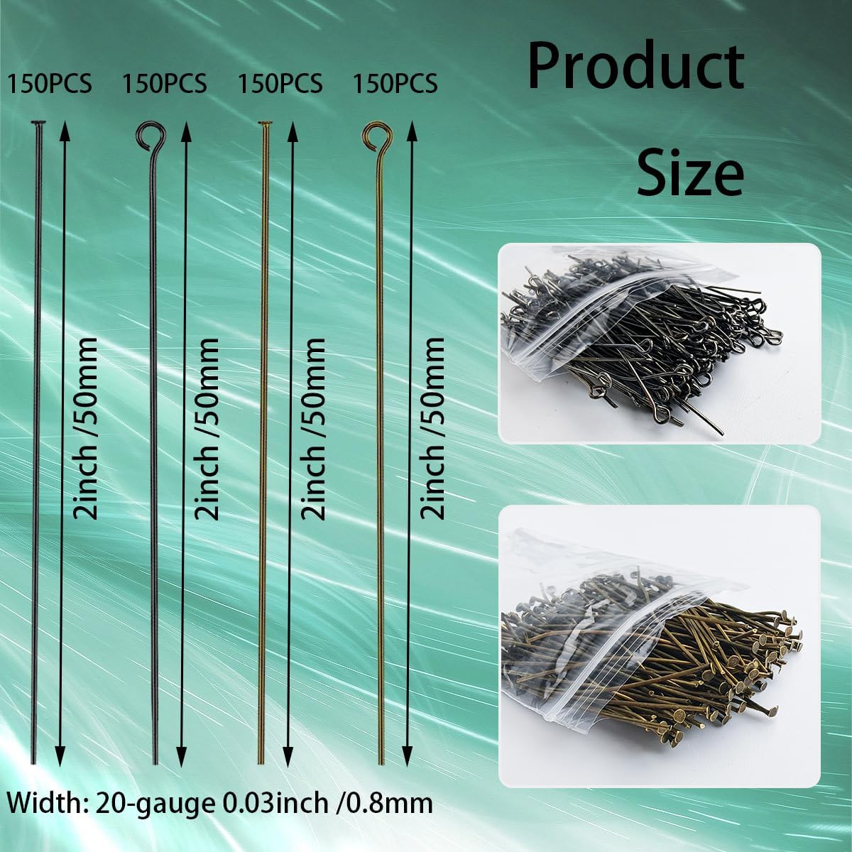 600 Pieces 2 Inch Flat Head Eye Pins for Jewelry Making DIY, Straight Bronze and Black Metal End Headpins for Craft Earring Bracelet Necklace Pendant Supplies - Image 2