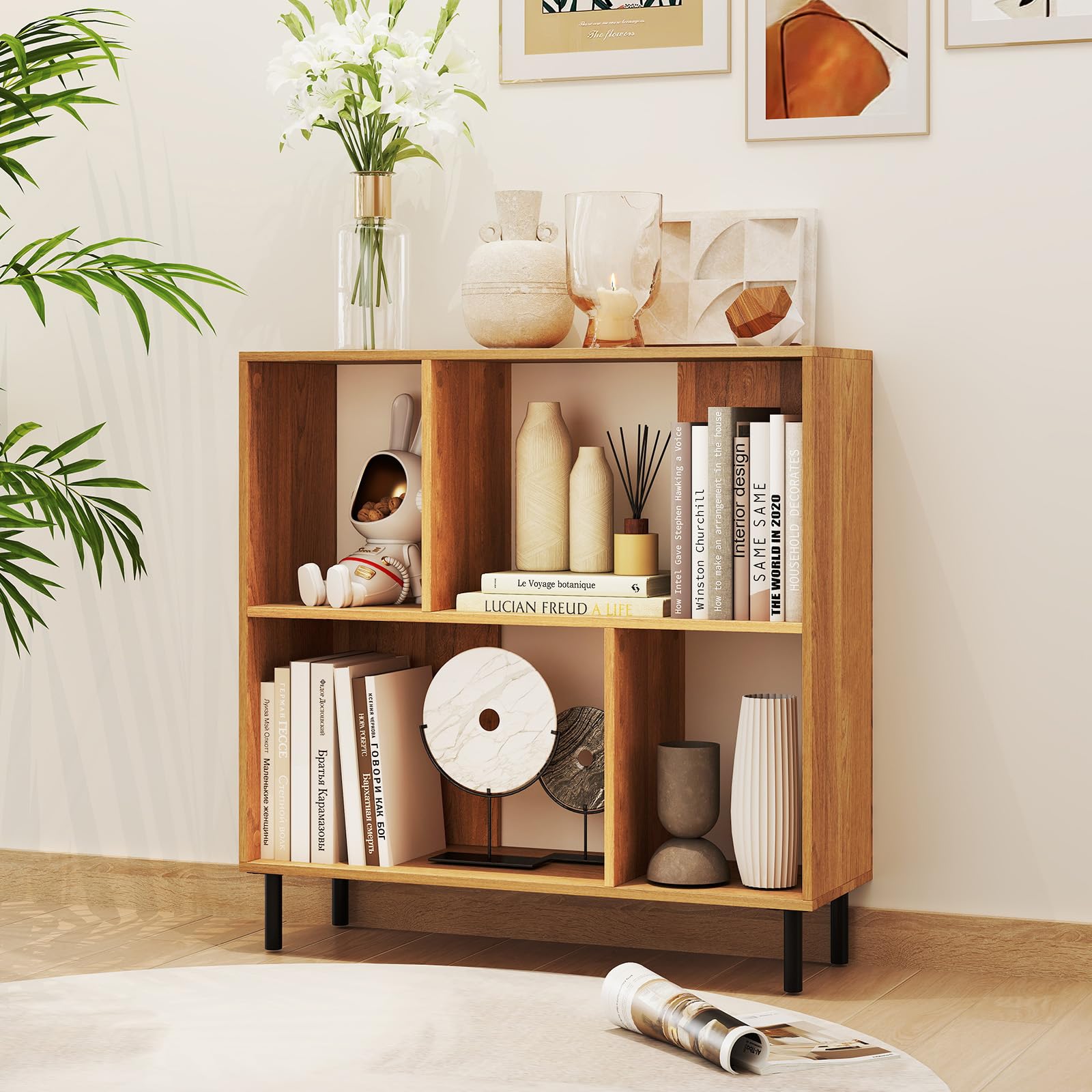 COSTWAY Libreria Estanteria, Estanteria Libros de Madera de 4 Cubos, Estantería de Piso de 2 Niveles con Patas Metálicas, Estante Horizontal de Almacenaje，90 x 30 x 90 cm (Natural)