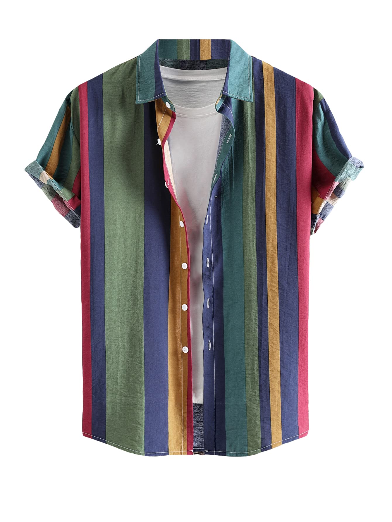 GORGLITTERMen's Color Block Striped Print Collar Neck Tee Shirt Button Down Short Sleeve Shirt Top