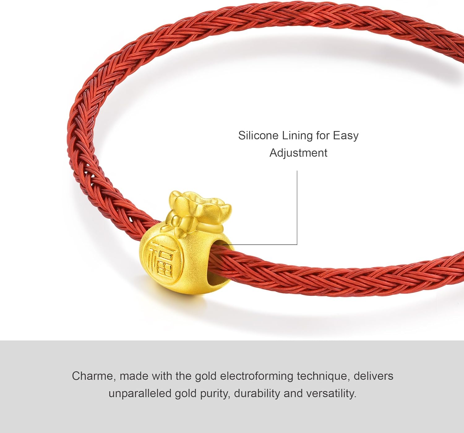 CHOW SANG SANG 999 24K Solid Gold Blessing Bracelet, Fortune Bag Charm Red Bracelet for Women 89197C - Image 6