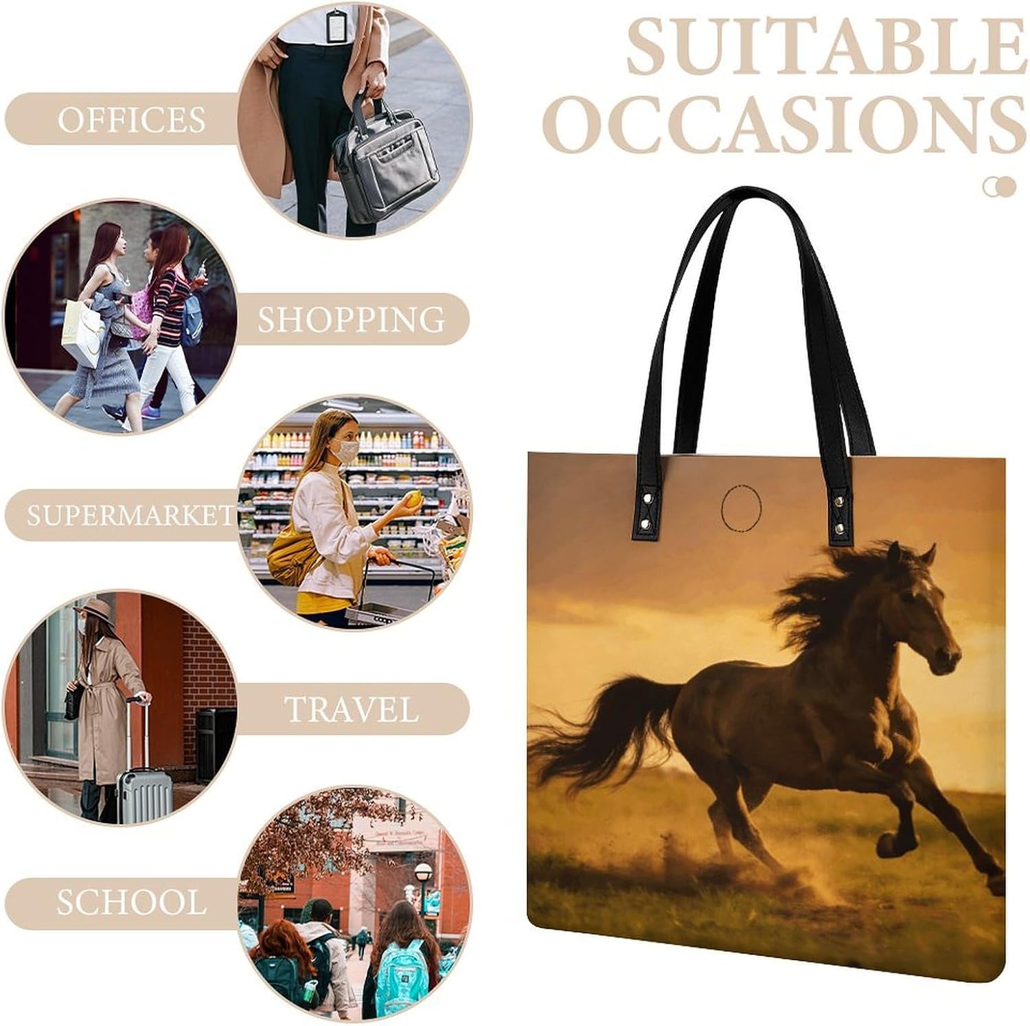 Galloping Horse Tote Bag with Magnetic Buckle Reusable Grocery Bags Lightweight Cross Body Handbag for Daily Essentials