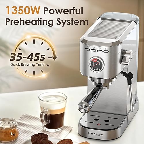 Miniatura 3 de Spacekey Máquina de café expreso de 20 barras, cafetera profesional de 1350 W con espumador de leche, cafetera compacta de acero inoxidable para