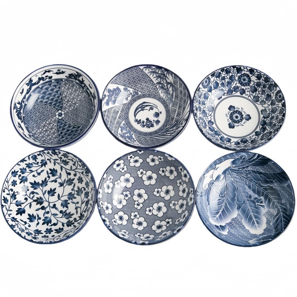 Zestaw misek ceramicznych, 6-częściowy 13 cm, niebiesko-białe miski do ryżu i zupy, zastawa stołowa w stylu azjatyckim