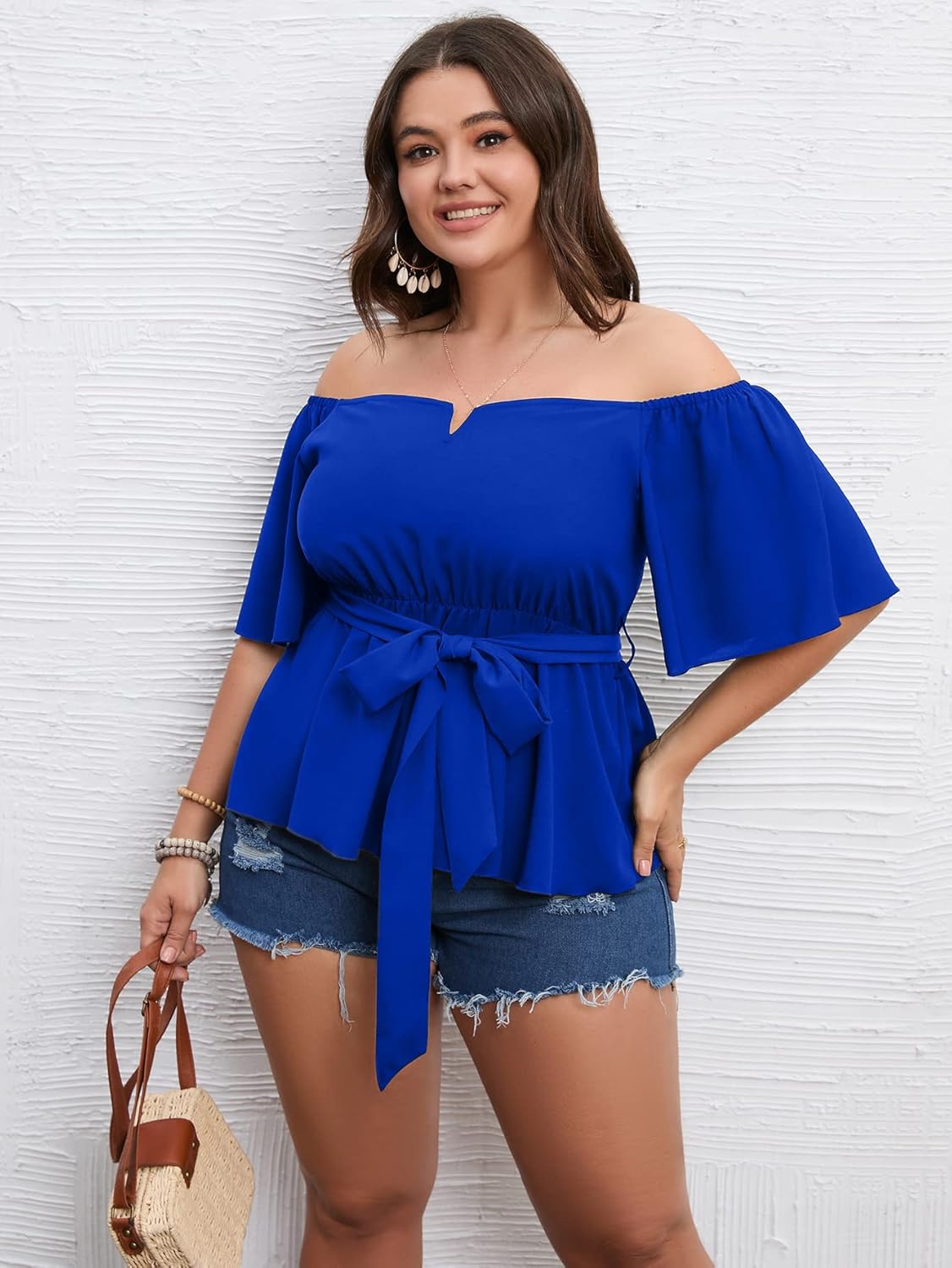 SCOMCHIC Women's Plus Size Off The Shoulder Peplum Blouse Top Half Bell Sleeve Tie Waist Ruffle Hem Babydoll Tops - Image 5