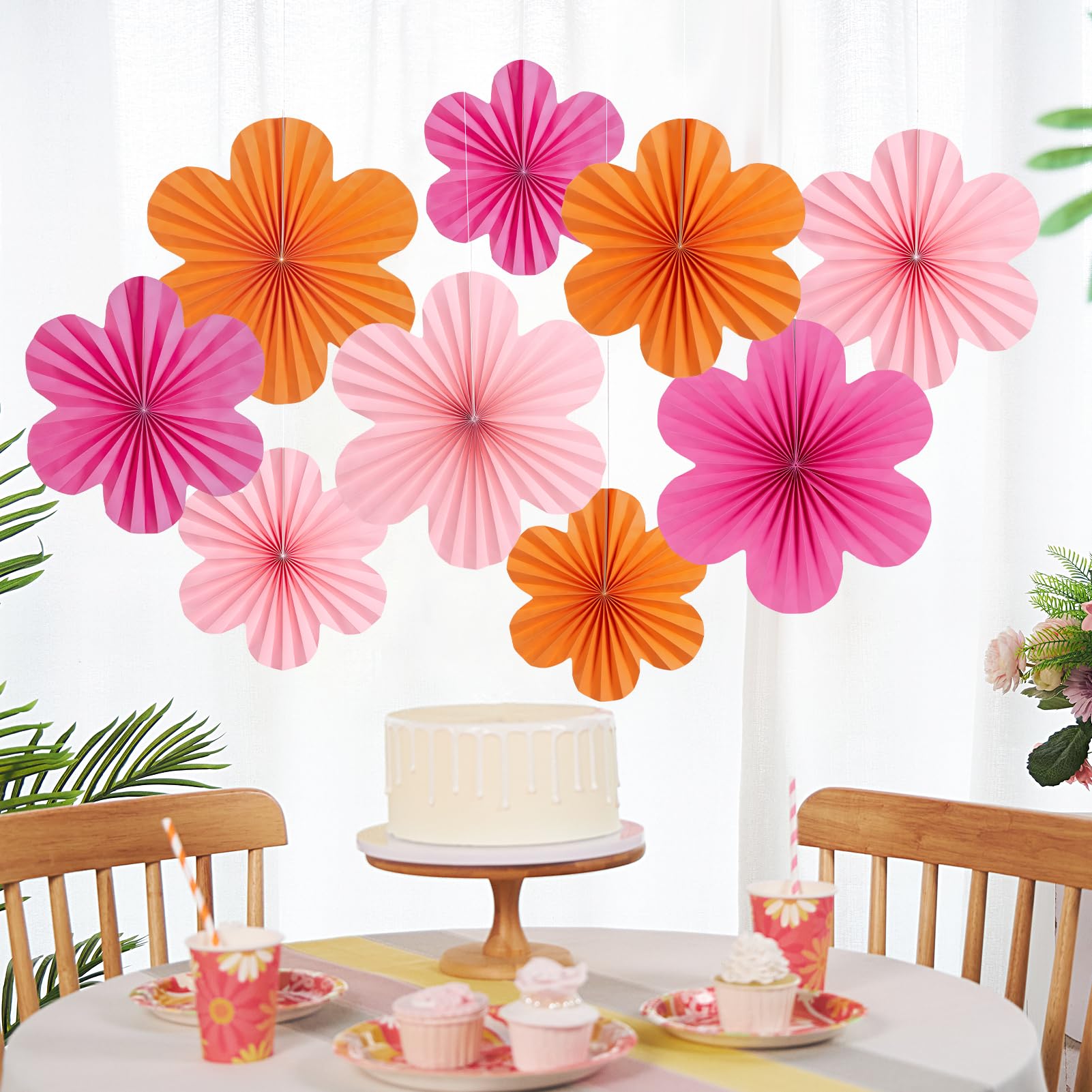 SUNBEAUTY Lot de 9 éventails en papier, guirlande de fleurs orange/rose, à suspendre, décoration de fête pour mariage, anniversaire, salle de classe, baby shower