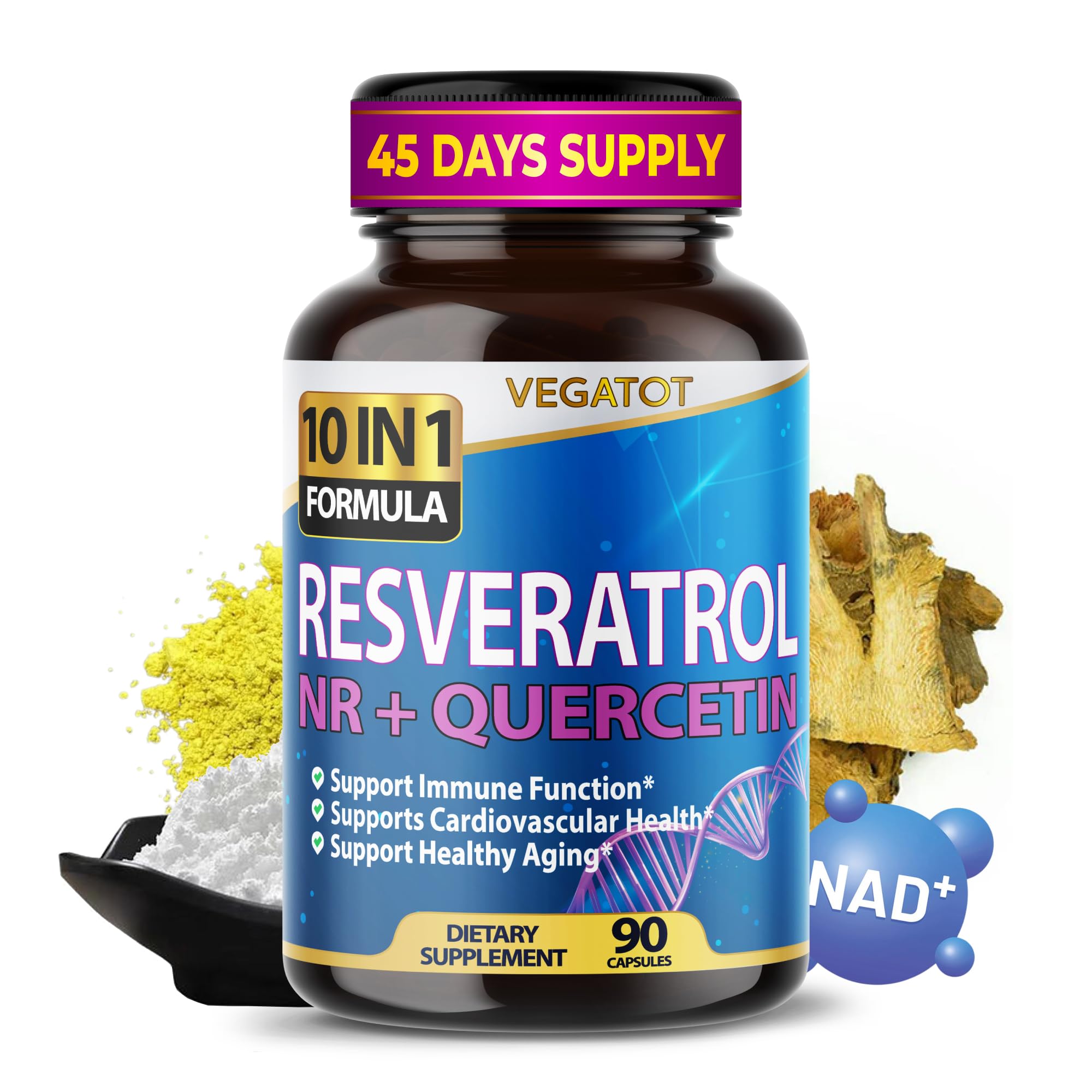 VEGATOT 10 in 1 High Strength Resveratrol with Quercetin Healthy Aging Immune Brain Boost Joint Support (90 Count (Pack of 1))