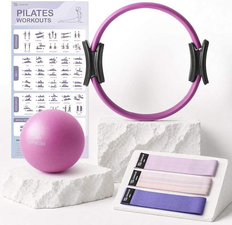 Pilates Ring Set 14" Magic Circle, 9" Mini Ball, Resistance Bands | Foam-Padded Fiberglass Pilates Ring, 400 lb Anti-Burst Ball, Fabric Bands, Guide, Bag, Pilates Equipment Kit for Home Workout