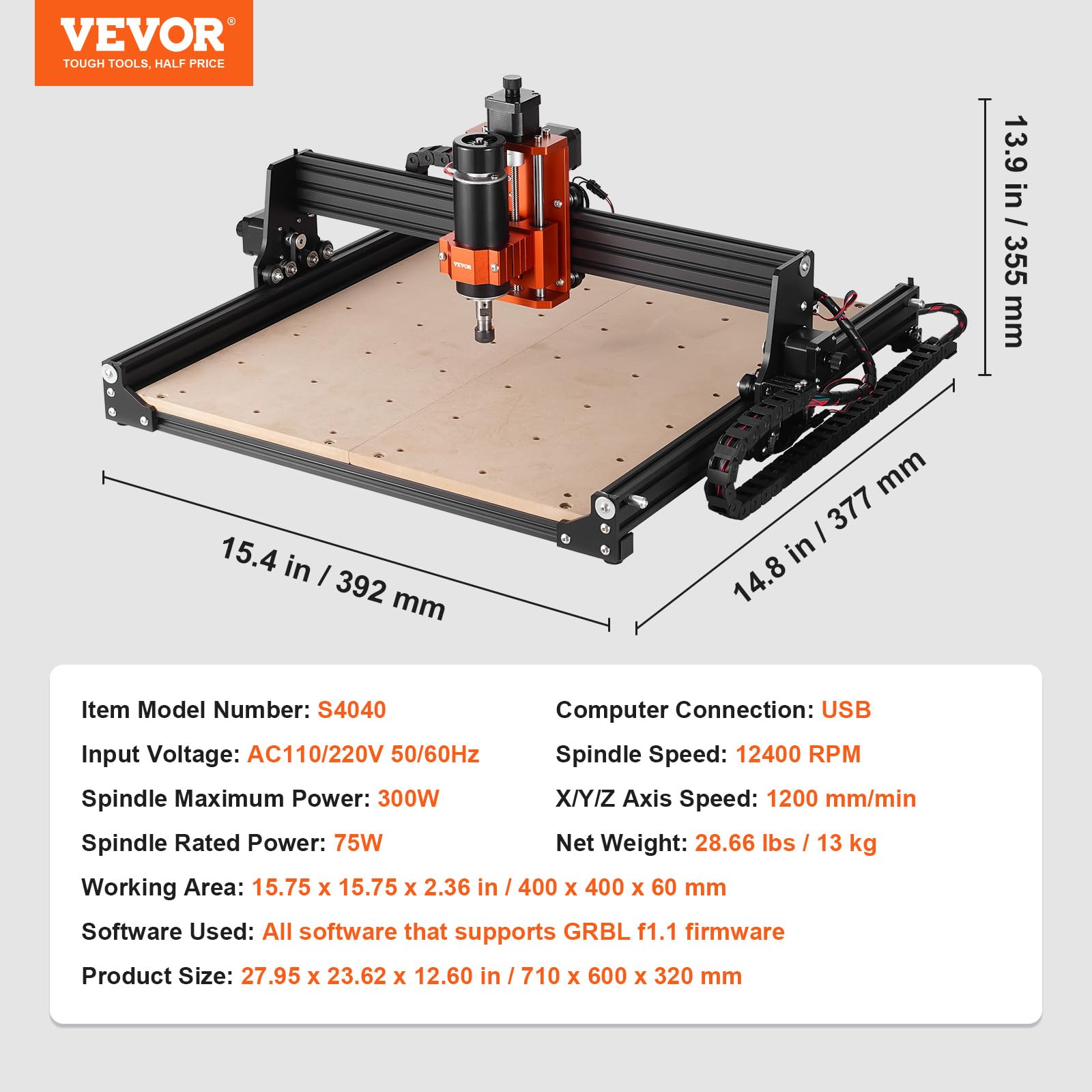 VEVOR - Frezarka CNC 300 W, 3-osiowa, GRBL, sterowanie drewnem do grawerowania, 400 x 400 x 75 mm / 15,7 x 15,7 x 2,95 cala w obszarze roboczym, 12000 obr./min do drewna akrylowego MDF