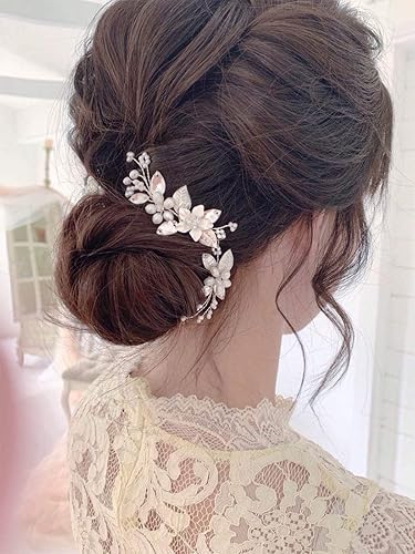 Miniatura 6 de Unicra Broches para el cabello de novia con flores de boda, pieza de cabello de perlas para novia, accesorios de cabello de cristal para mujeres y